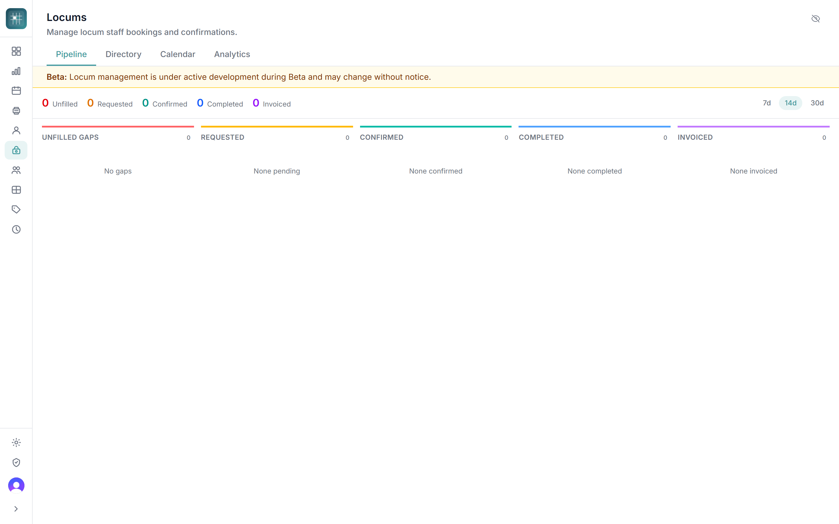 Locum management dashboard showing the pipeline columns for unfilled, requested, confirmed, completed and invoiced bookings